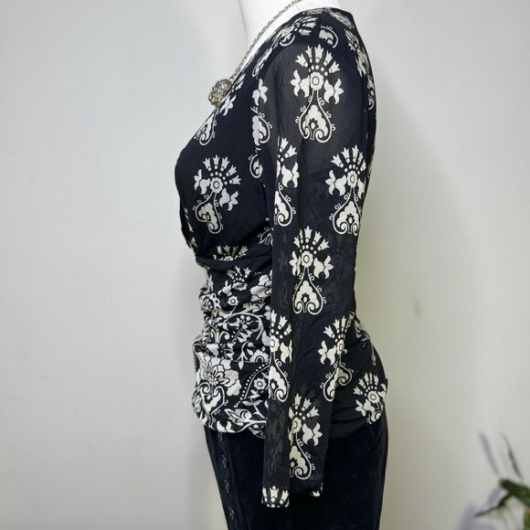 Vtg Y2K Art Deco Black White Sheer Mesh Faux Wrap V-Neck Top Whimsygoth Fairy XL - Picture 4 of 8